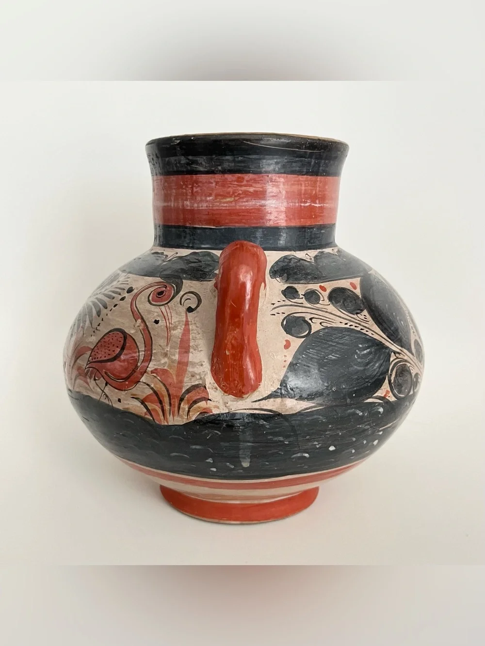 Vintage Mexican Tonala Hand Painted Pottery Vase w/Handles Floral Black Orange